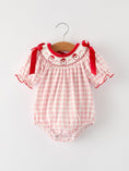 Load image into Gallery viewer, Pink Gingham Christmas Baby Girls Romper: Santa Embroidery with Red Satin Ribbon
