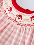Load image into Gallery viewer, Pink Gingham Christmas Girls Dress: Santa Embroidery with Red Satin Ribbon
