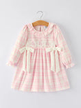 Load image into Gallery viewer, Pink Plaid Ruffle Ballet Shoe Embroidery Long Sleeve Dress

