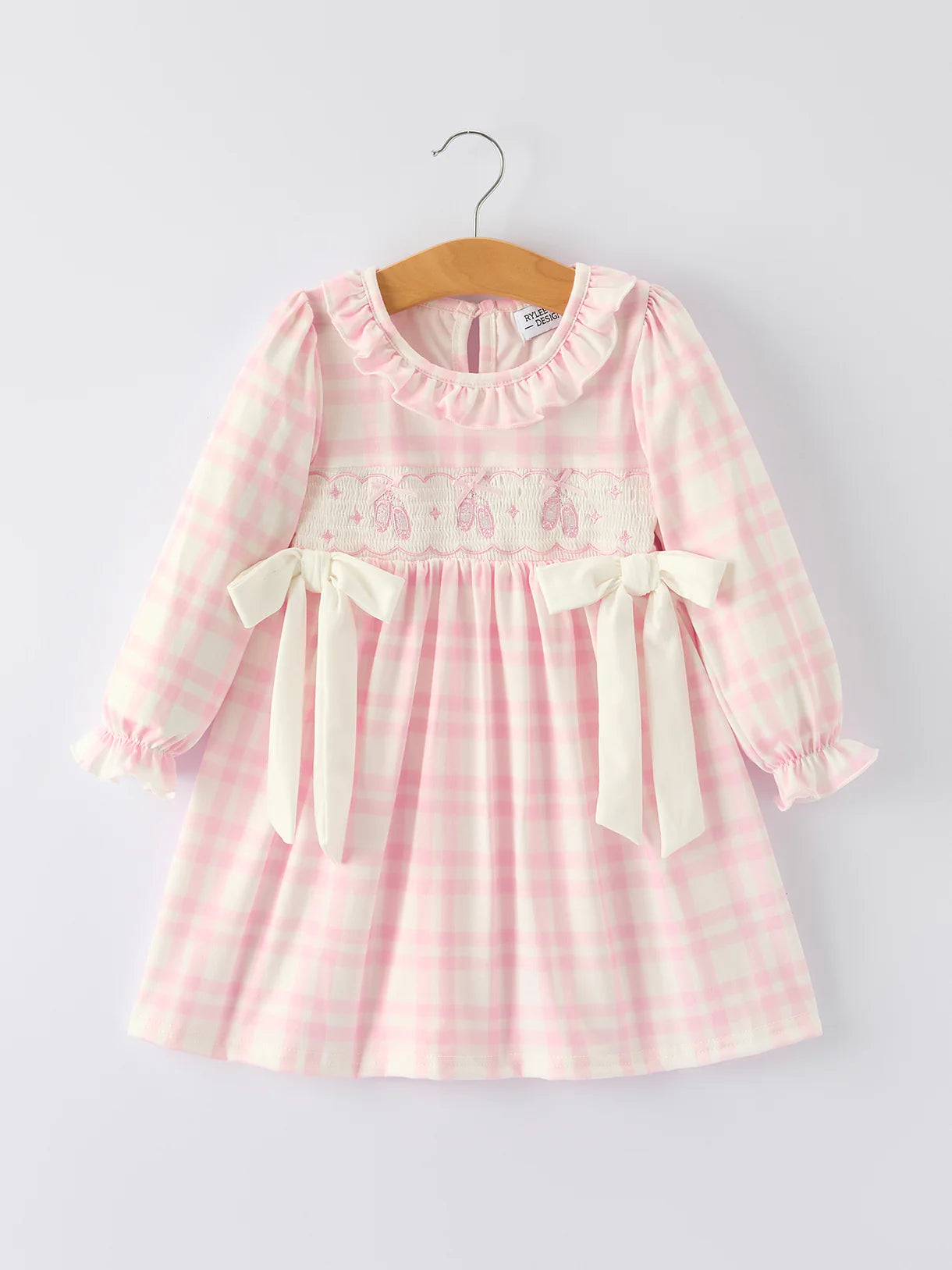 Pink Plaid Ruffle Ballet Shoe Embroidery Long Sleeve Dress