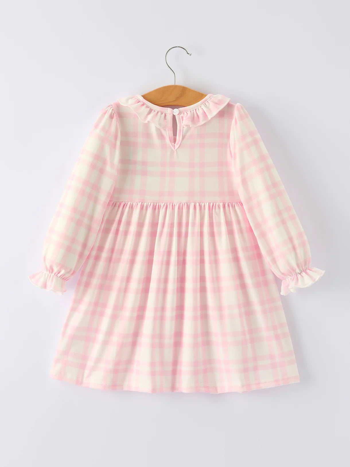 Pink Plaid Ruffle Ballet Shoe Embroidery Long Sleeve Dress