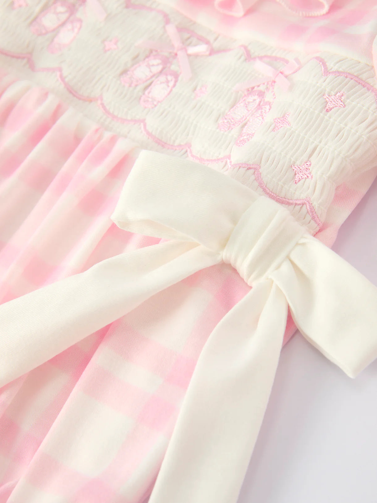 Pink Plaid Ruffle Ballet Shoe Embroidery Long Sleeve Romper