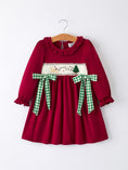 Load image into Gallery viewer, Christmas Smocking Embroidered Girls Dress with Green Plaid Bow
