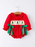 Load image into Gallery viewer, Christmas Smocked Girls Romper with Green Bow and Tree Embroidery

