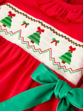 Load image into Gallery viewer, Christmas Smocked Girls Romper with Green Bow and Tree Embroidery
