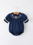 Load image into Gallery viewer, Navy Blue Nativity Smocking Embroidered Baby Girls Christmas Romper
