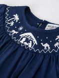 Load image into Gallery viewer, Navy Blue Nativity Smocking Embroidered Baby Girls Christmas Romper
