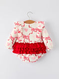 Load image into Gallery viewer, Girls Valentine Romper with Heart Print and Bowknot Design
