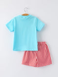 Load image into Gallery viewer, Boys Baseball Embroidery Blue T-shirt and Red Stripe Shorts Set
