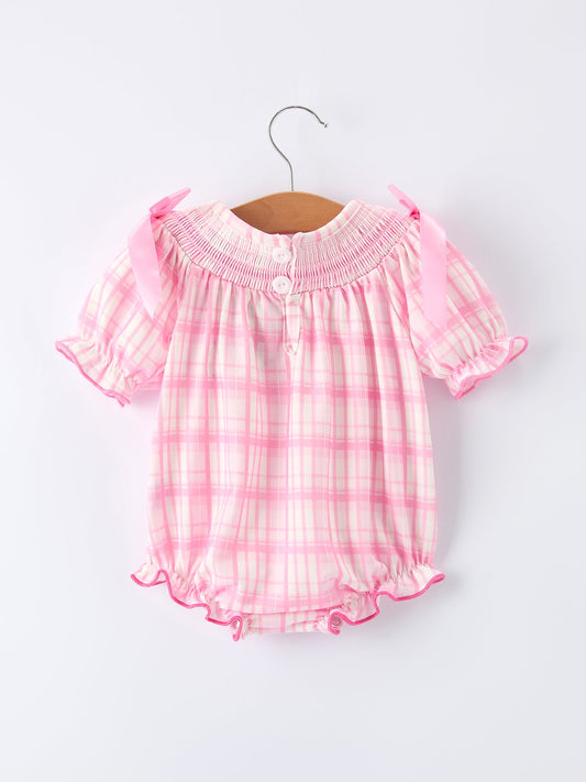 Valentine's Day Pink Plaid Smocked Heart Embroidery Girls Romper