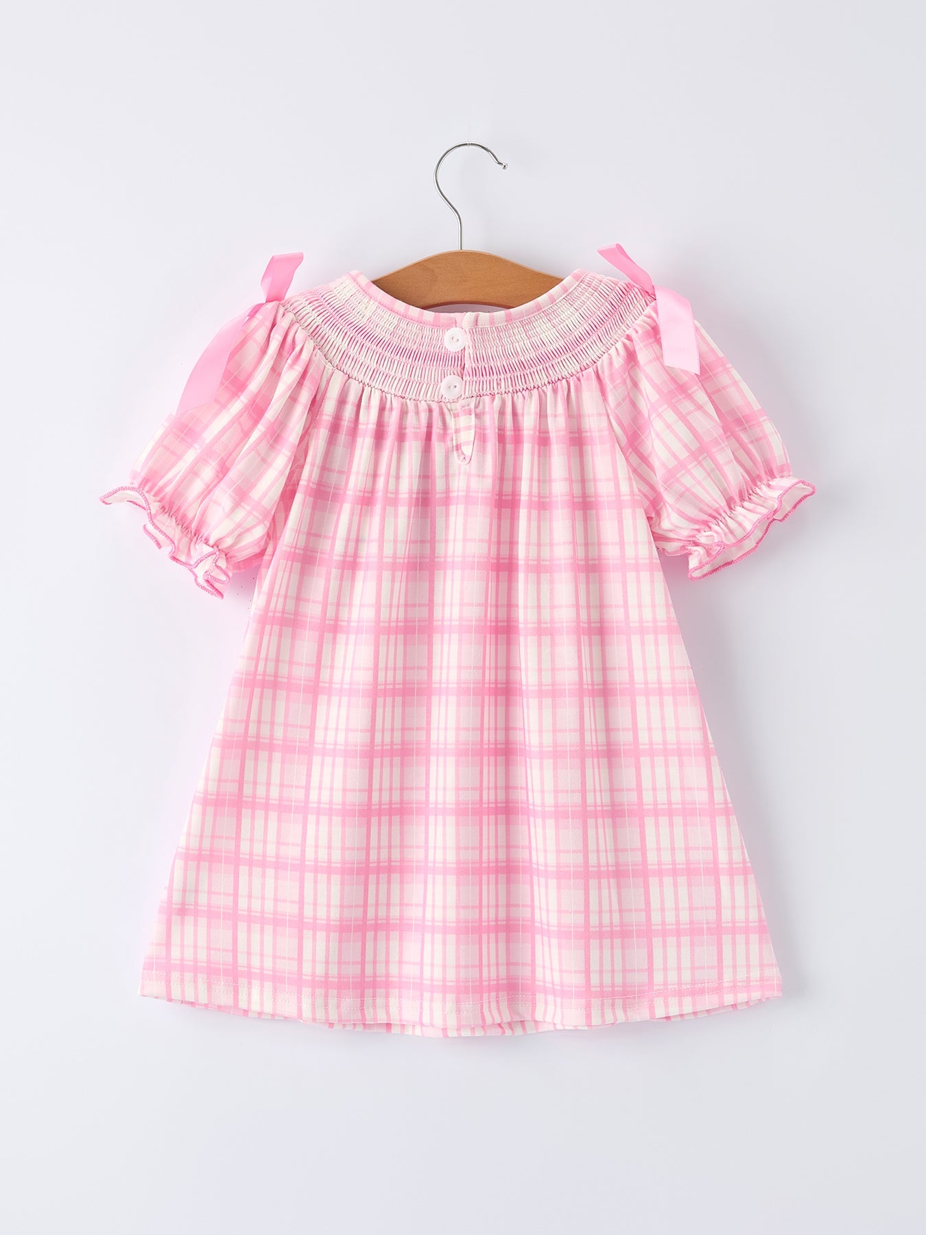 Valentine's Day Pink Plaid Smocked Heart Embroidery Girls Dress