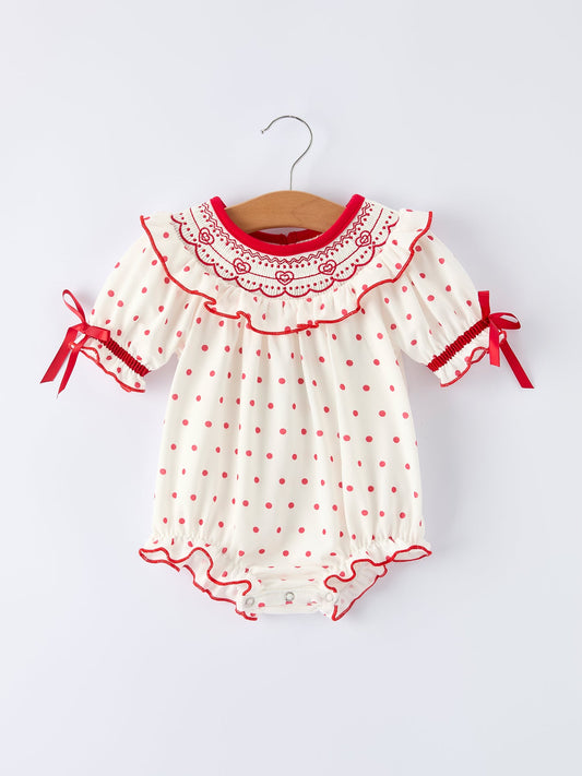 Valentine's Day Polka Dot Baby Girls Romper with Smocking Embroidery