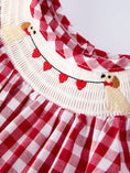Load image into Gallery viewer, Valentine Red Plaid Romper with Smocked Heart Dog Detail and Bows
