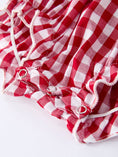 Load image into Gallery viewer, Valentine Red Plaid Romper with Smocked Heart Dog Detail and Bows
