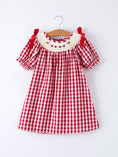 Load image into Gallery viewer, Valentine Red Plaid Dress with Smocked Heart Dog Detail and Bows

