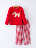 Load image into Gallery viewer, Valentine Red Plaid Boys Set with Applique Heart Dog Detail
