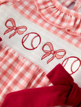 Load image into Gallery viewer, Girls Baseball Bow Smocking Embroidery Plaid Romper

