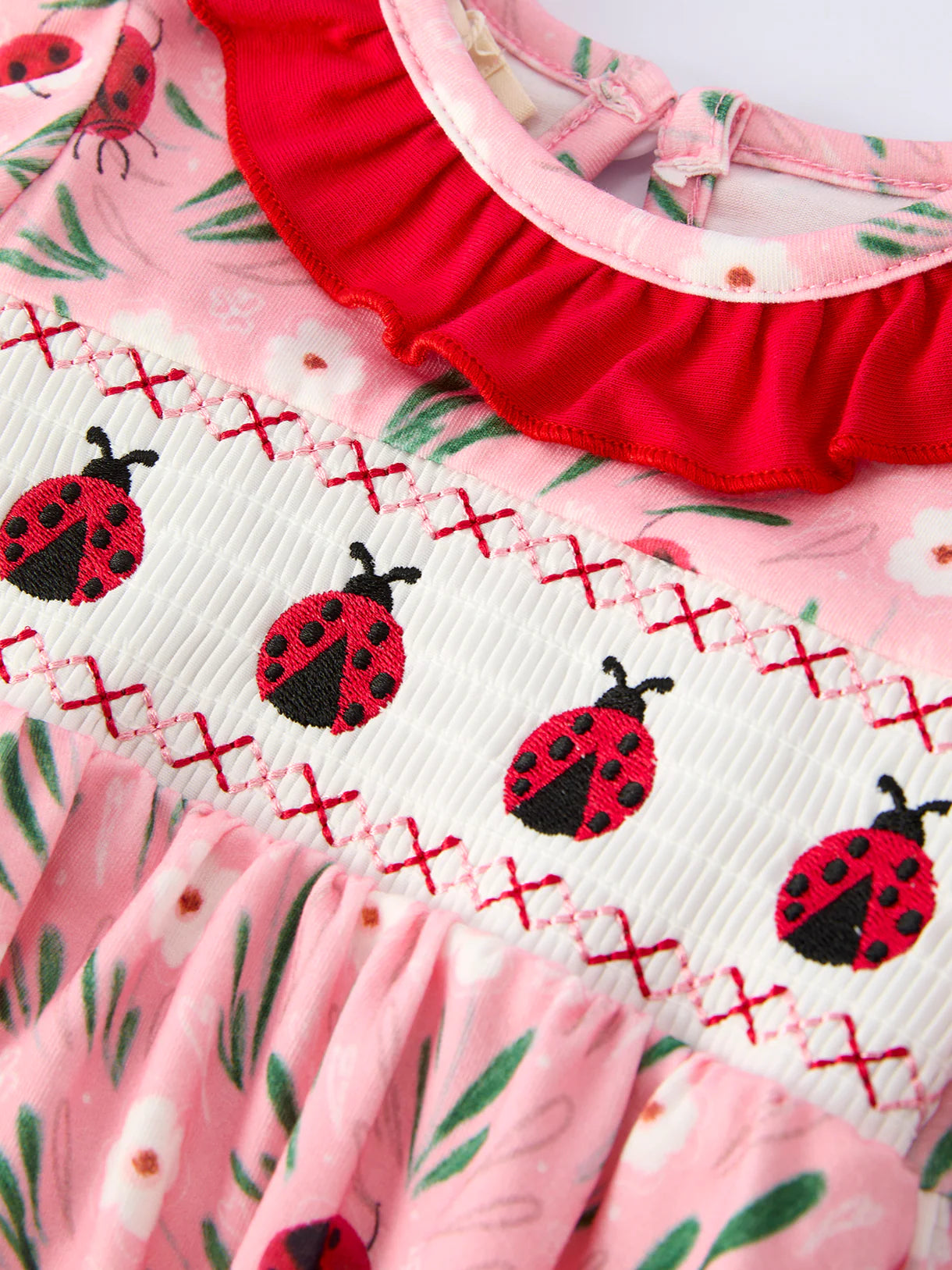 Spring Ladybug Smocked Embroidered Baby Girls Romper