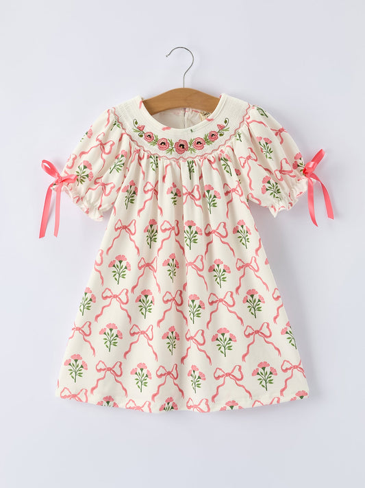 PREORDER Spring Floral Smocking Embroidery Bow Girls Dress
