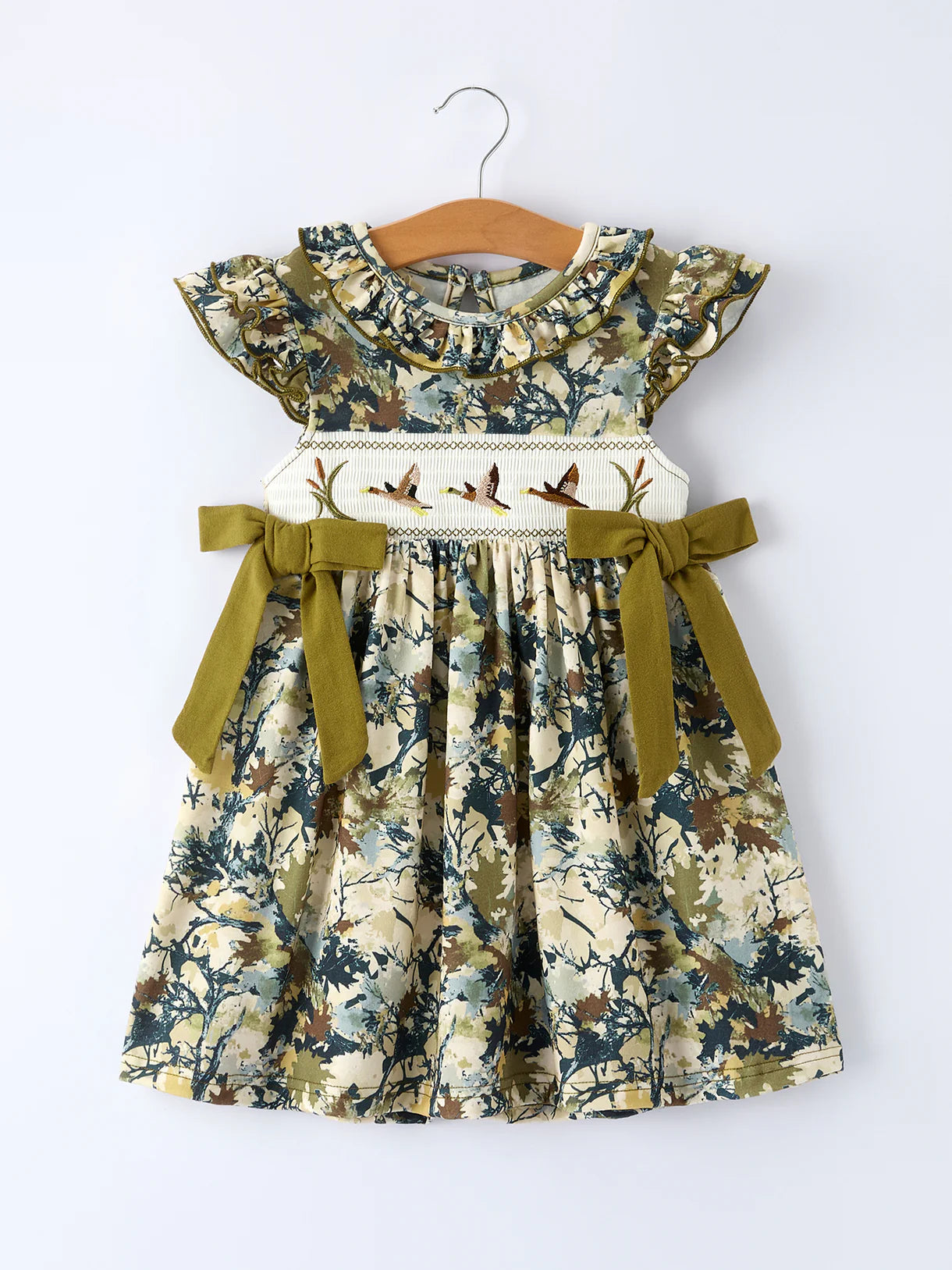 Camo Duck Smocked Bow Ruffle Sleeves Girls Dress