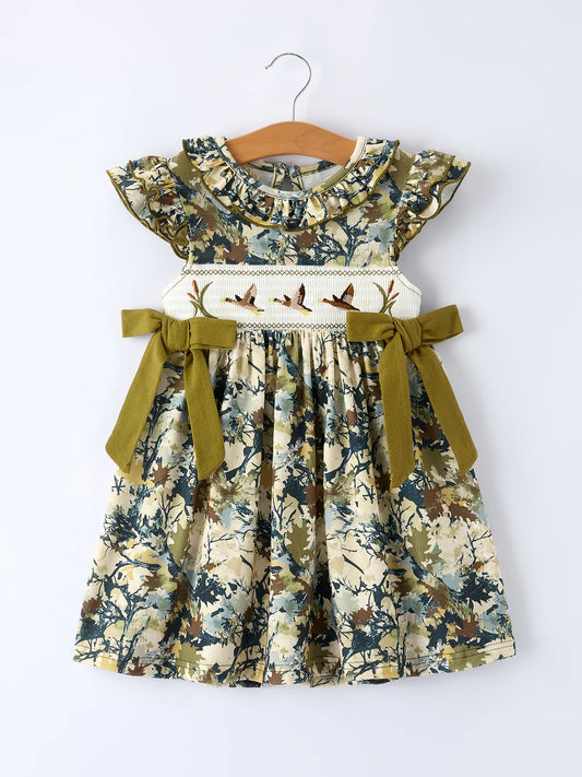 Camo Duck Smocked Bow Ruffle Sleeves Girls Dress