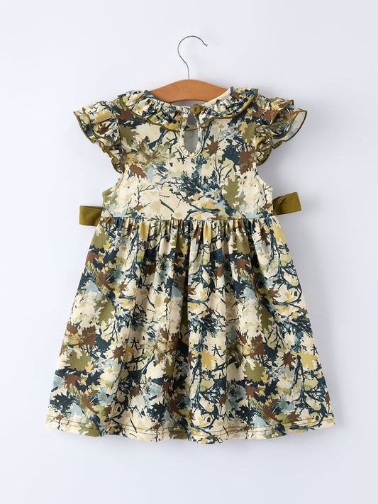 Camo Duck Smocked Bow Ruffle Sleeves Girls Dress