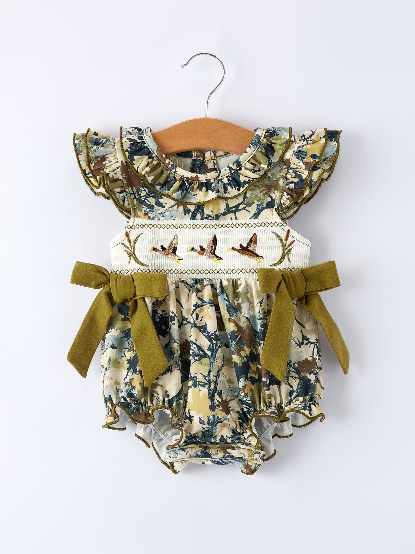 PREORDER Duck Smocking Embroidery Baby Girls Camouflage Romper
