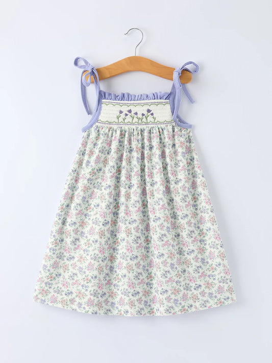 Spring Purple Floral Embroidered Smocked Bow Girl Dress