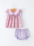 Load image into Gallery viewer, Spring Purple Floral Bow Ruffle Girl Bloomer Set
