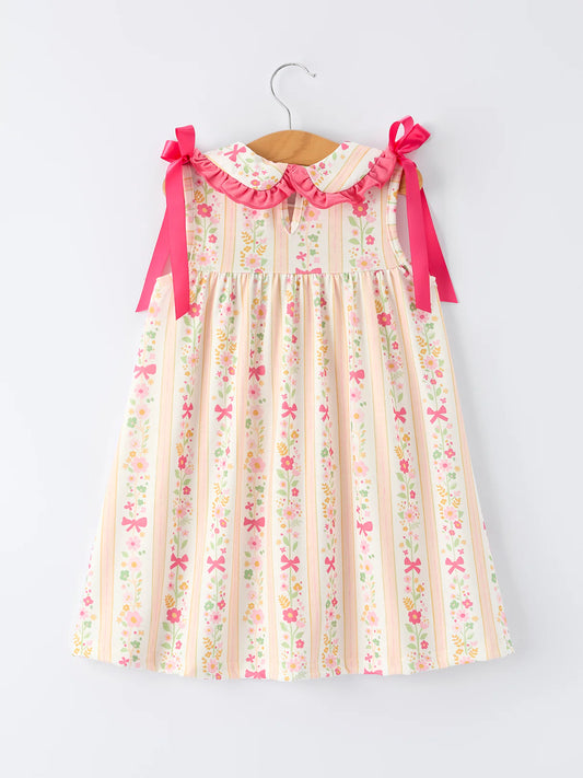 Summer Floral Bow Ruffle Girls Dress