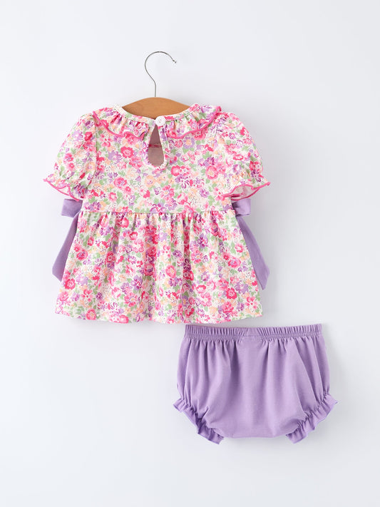 Easter Colorful Floral Bunny Embroidery Bow Ruffle Girl Bloomer Set