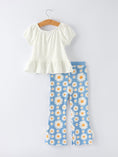 Load image into Gallery viewer, White Top And Daisy-Print Flared Pants Girl's Outfit
