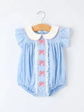 Load image into Gallery viewer, Blue Stripe Girl Romper Petal Peter Pan Collar Bow
