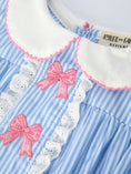 Load image into Gallery viewer, Blue Stripe Girl Romper Petal Peter Pan Collar Bow
