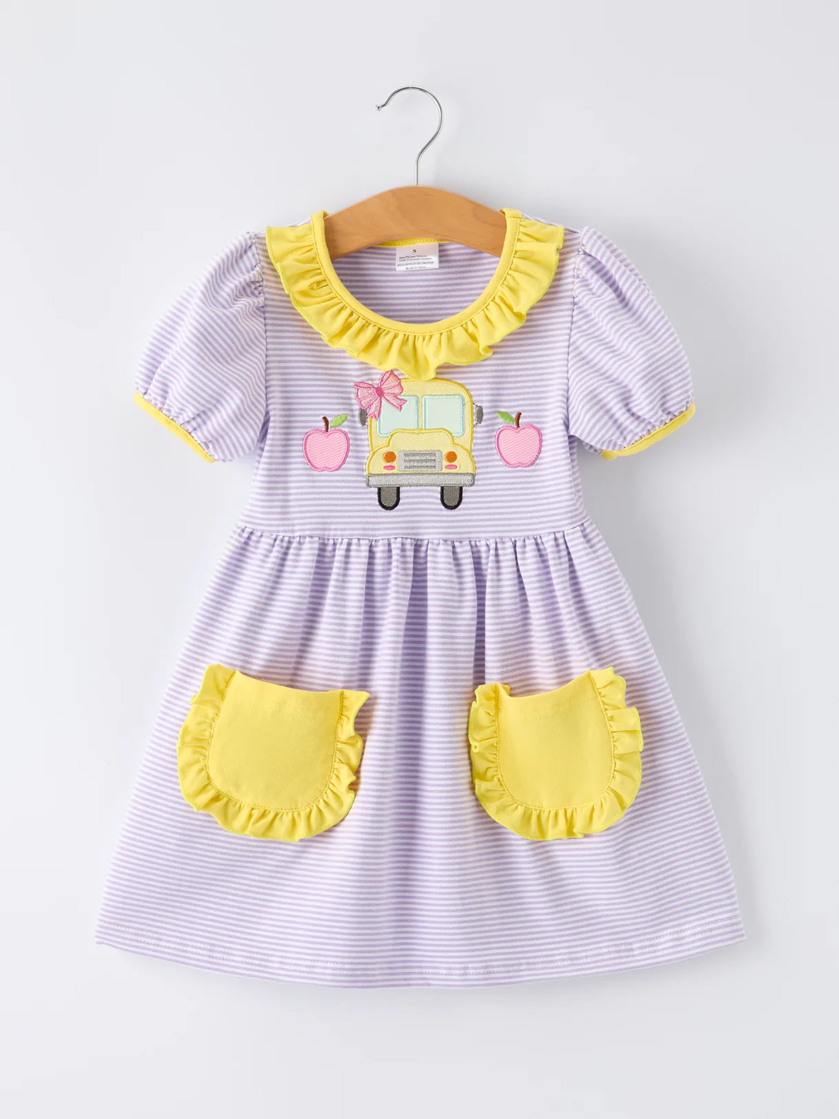 Back to School Bus Applique Ruffle Pocket Girls Dress