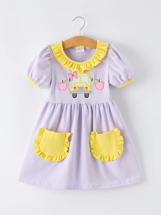 Back to School Bus Applique Ruffle Pocket Girls Dress