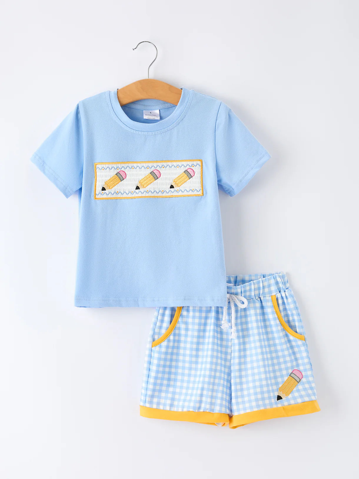 Back to School Pencil Boys Set Applique Plaid Shorts