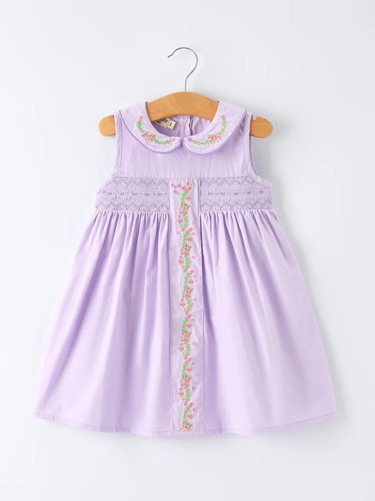 Floral Embroidered Girl Dress with Lavender Peter Pan Collar