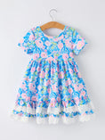 Load image into Gallery viewer, Spring Floral Girls Blue Dress Ruffle Hem
