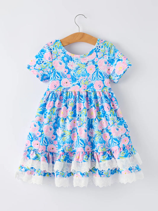 Spring Floral Girls Blue Dress Ruffle Hem
