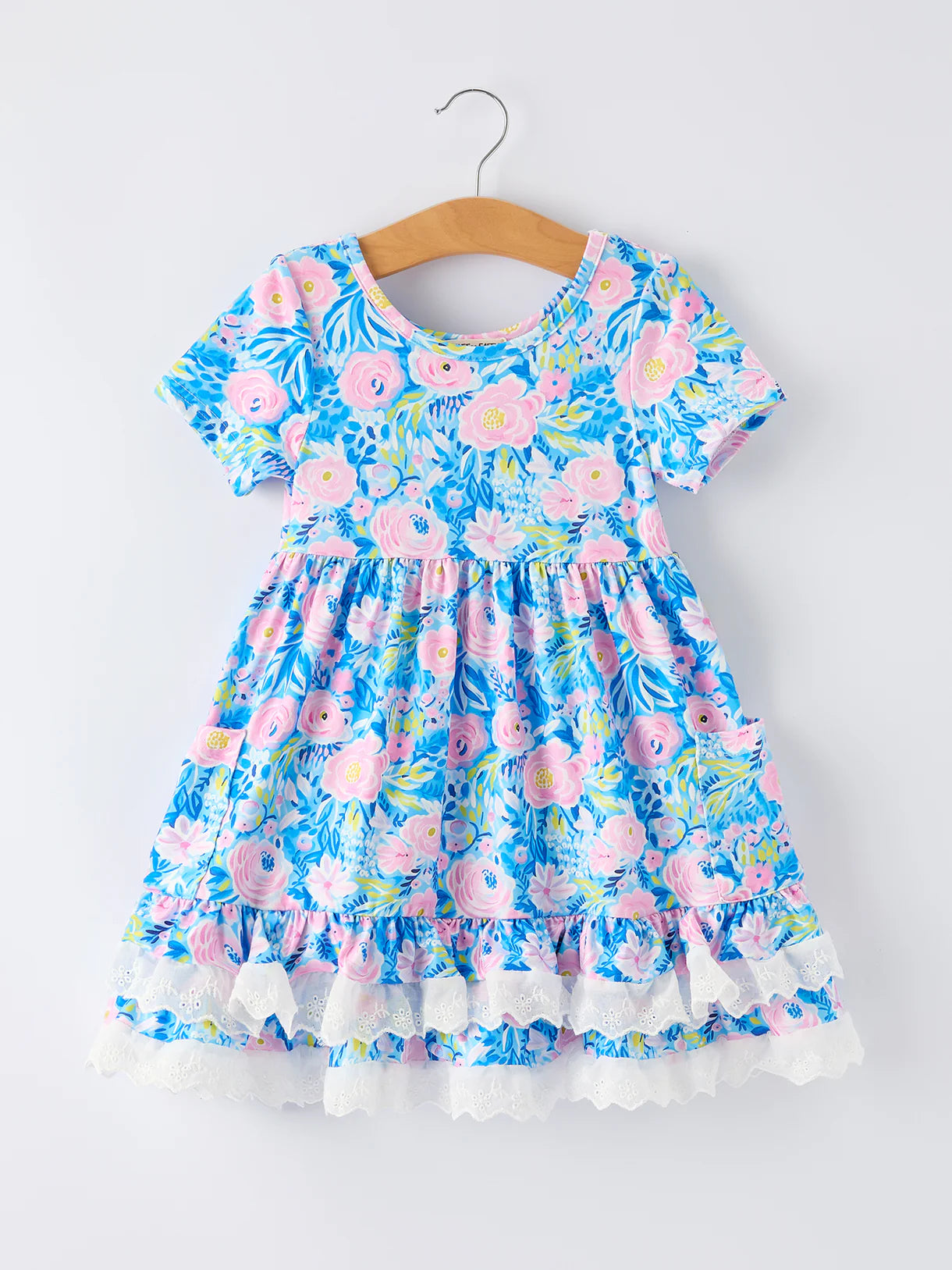 Spring Floral Girls Blue Dress Ruffle Hem