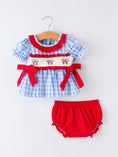 Load image into Gallery viewer, 4th of july Plaid Smocking Girls Bloomer Set

