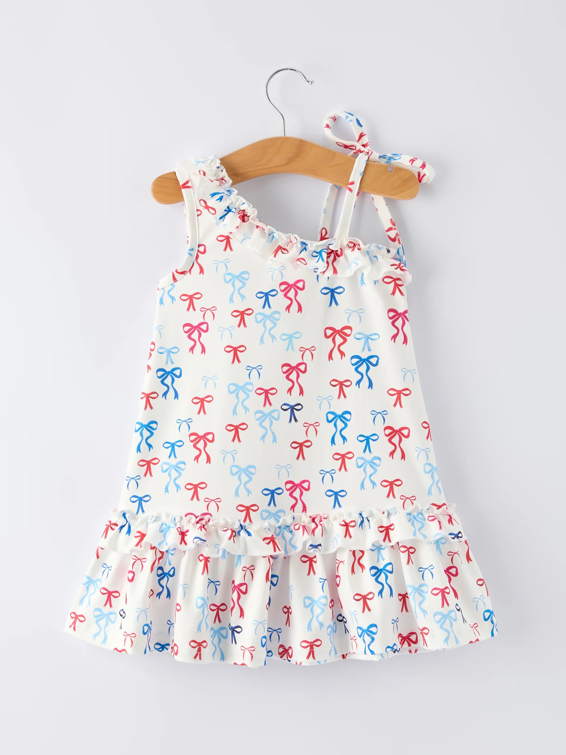 4th of July Bow Print Girls Dress One Shoulder Ruffle