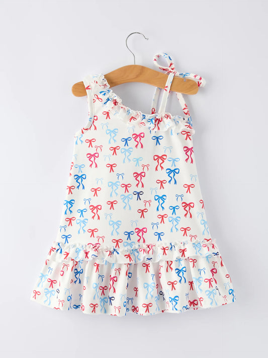 4th of July Bow Print Girls Dress One Shoulder Ruffle