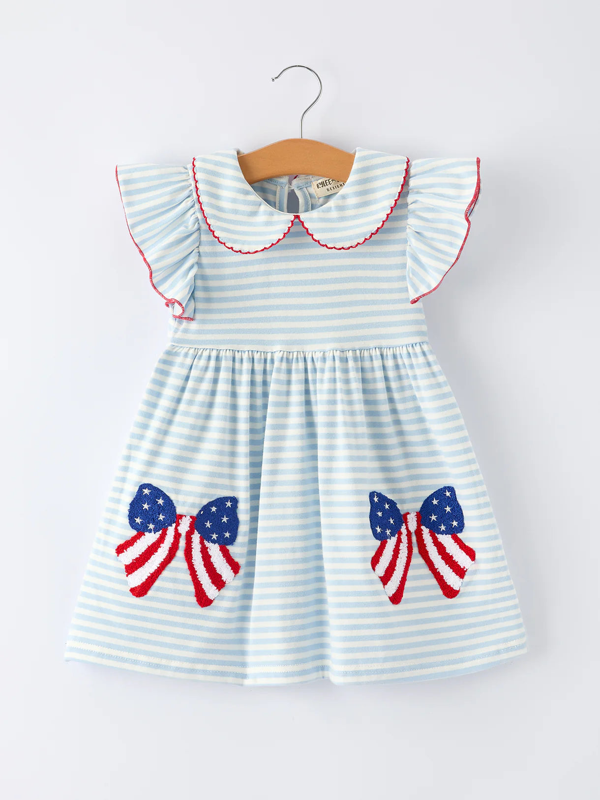 4th of July Stripe Girls Dress Bow Peter Pan Collar