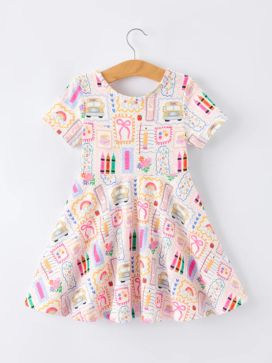Back to School Rainbow Print Girls Dress Short Sleeve