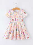 Load image into Gallery viewer, Back to School Rainbow Print Girls Dress Short Sleeve
