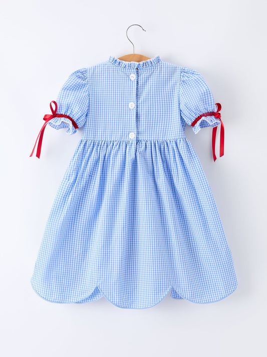 Back To School Apple Applique Plaid Girls Dress Smocked