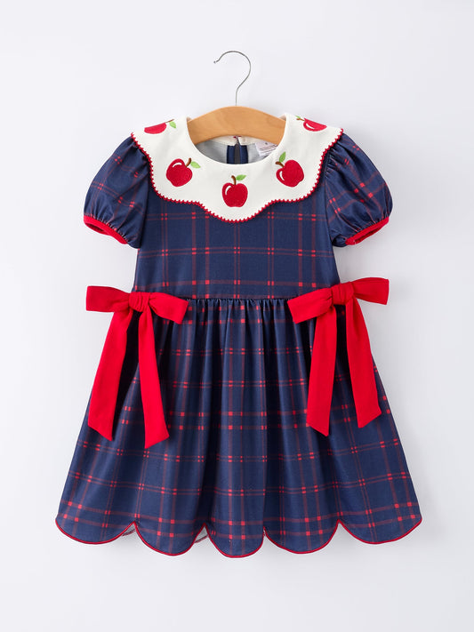 Back To School Apple Plaid Girls Dress Scallop Hem Bow