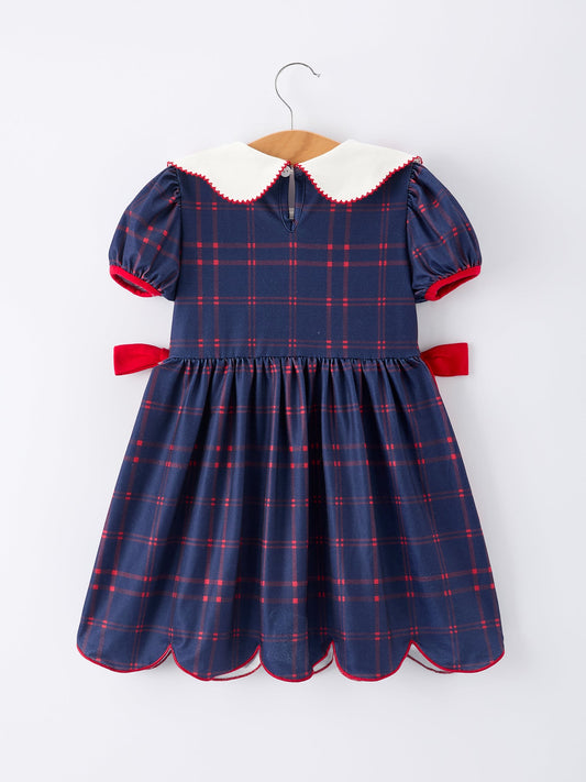 Back To School Apple Plaid Girls Dress Scallop Hem Bow